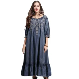 A-line Vintage Embroidery Loose Denim Dress