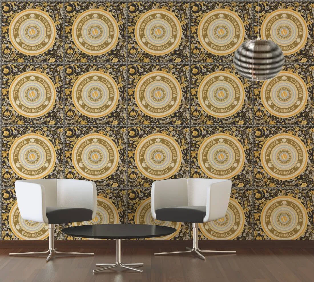 Baroque Circle Textured Wallpaper in Black/Silver from the Versace V Collection