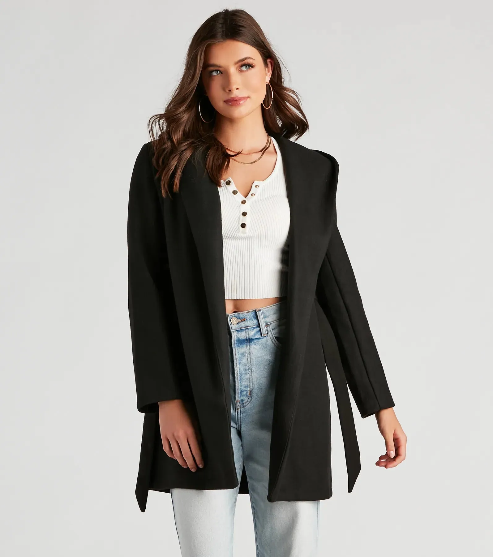 Belted Sophistication Faux Wool Coat