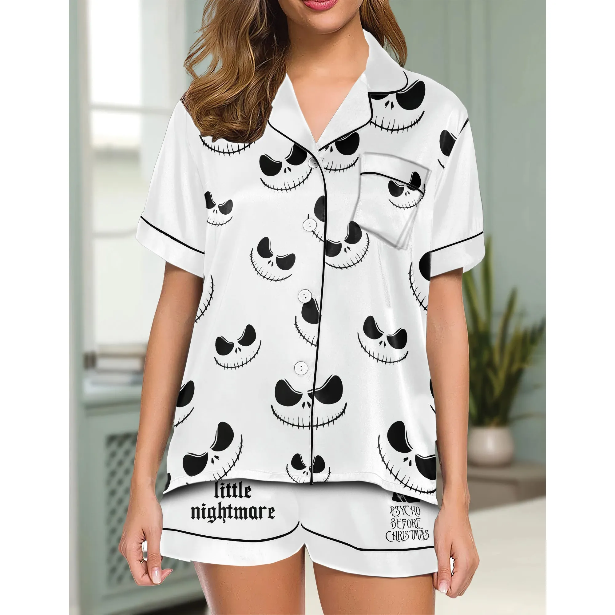 Black & White Art Women's Pajama Sets Top Sleeve & Short Bottom