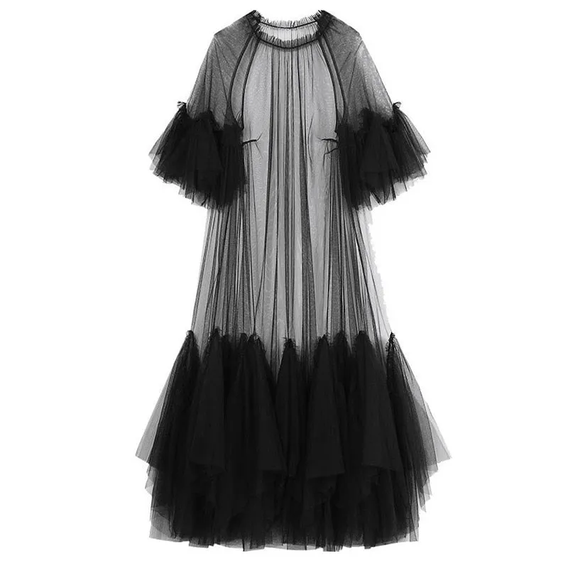 Black Ruffles Three-quarter Sleeve Loose Fit Dress Round Neck Loose Fit Big Size Dress