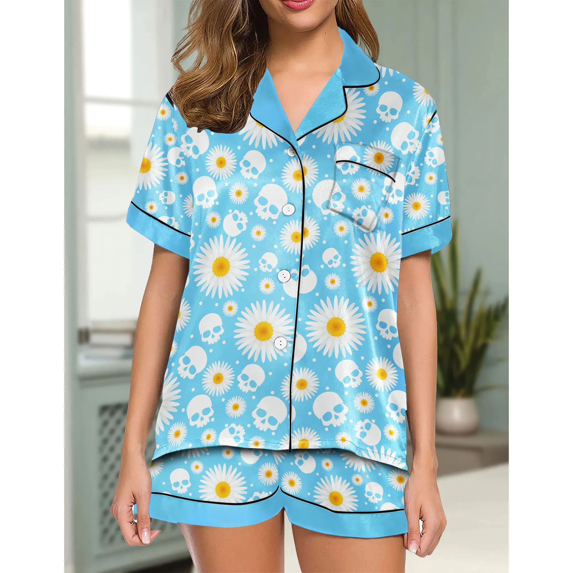 Blue Skull Daisy Women's Pajama Sets Top Sleeve & Short Bottom