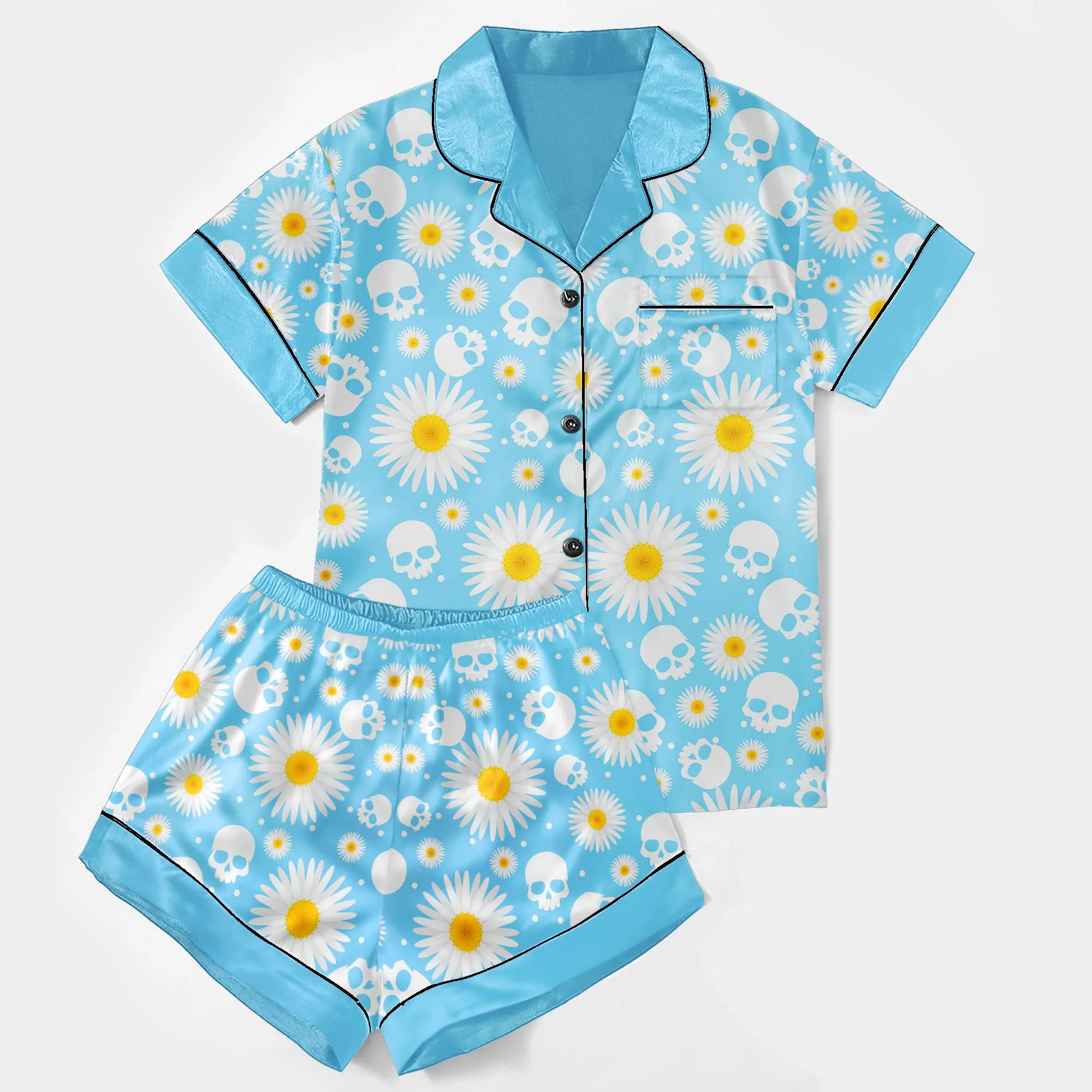 Blue Skull Daisy Women's Pajama Sets Top Sleeve & Short Bottom