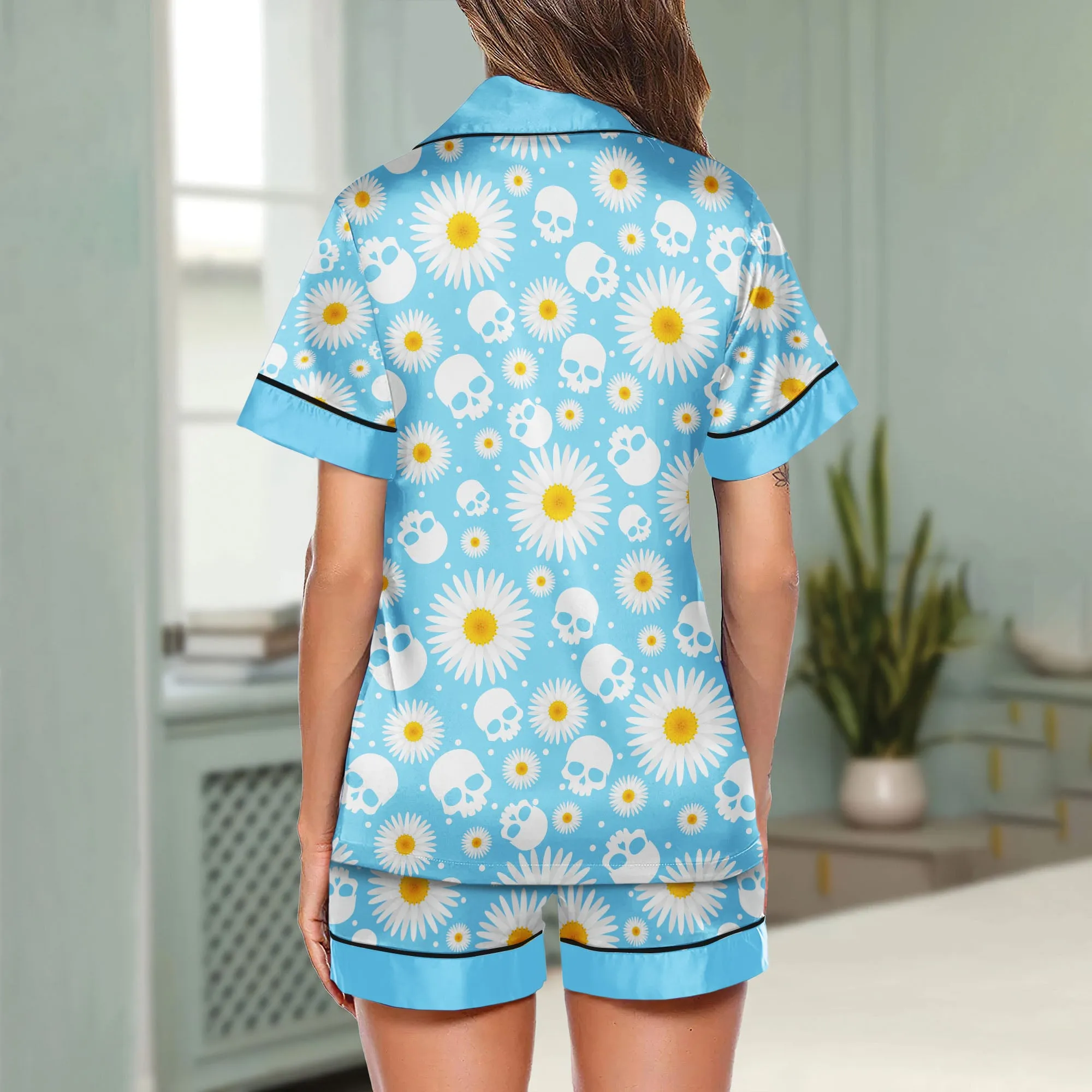 Blue Skull Daisy Women's Pajama Sets Top Sleeve & Short Bottom