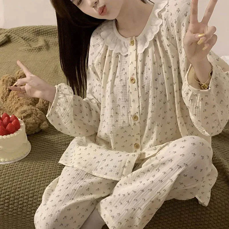 Bonnyshow Korean Sleepwear Women Pajama Sets Floral Piiama Spring Sets 2 Pieces Cute Long Sleeve Night Wears Sleep Button Home Suit 2024