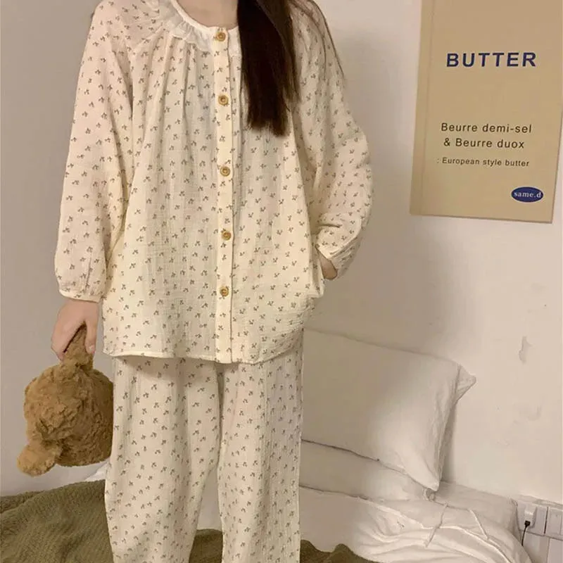 Bonnyshow Korean Sleepwear Women Pajama Sets Floral Piiama Spring Sets 2 Pieces Cute Long Sleeve Night Wears Sleep Button Home Suit 2024