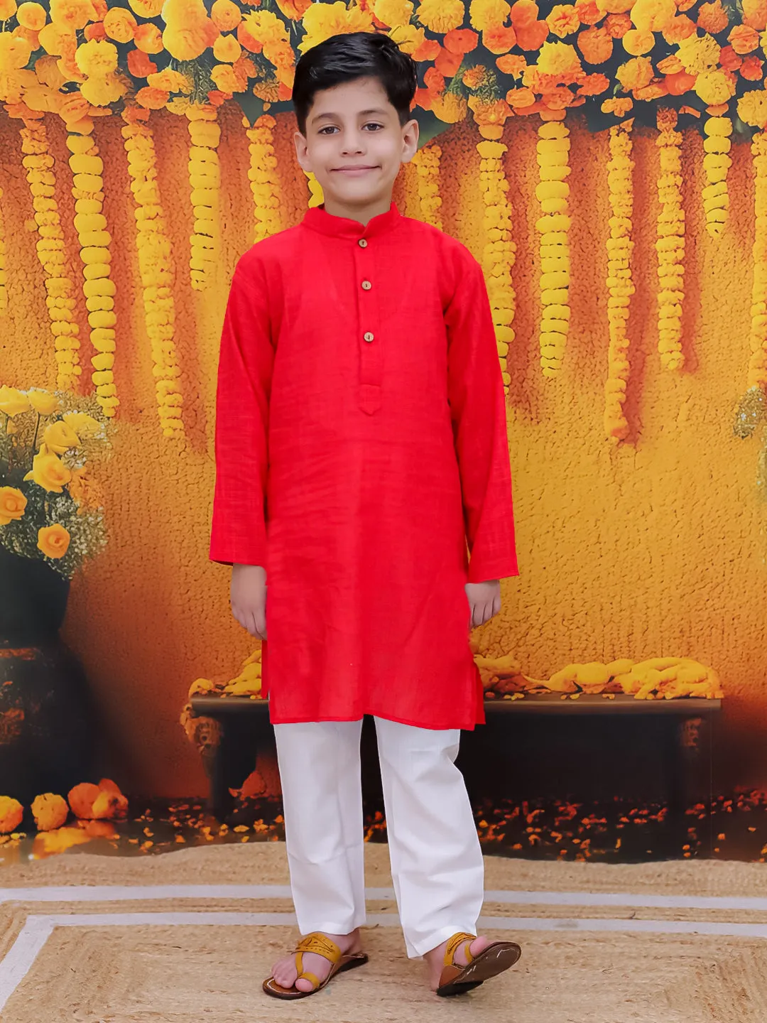 BownBee Pure Cotton Kurta Pajama Printed Jacket Set for Boys with Printed Kurta Sharara Dupatta Set for Girls- Red