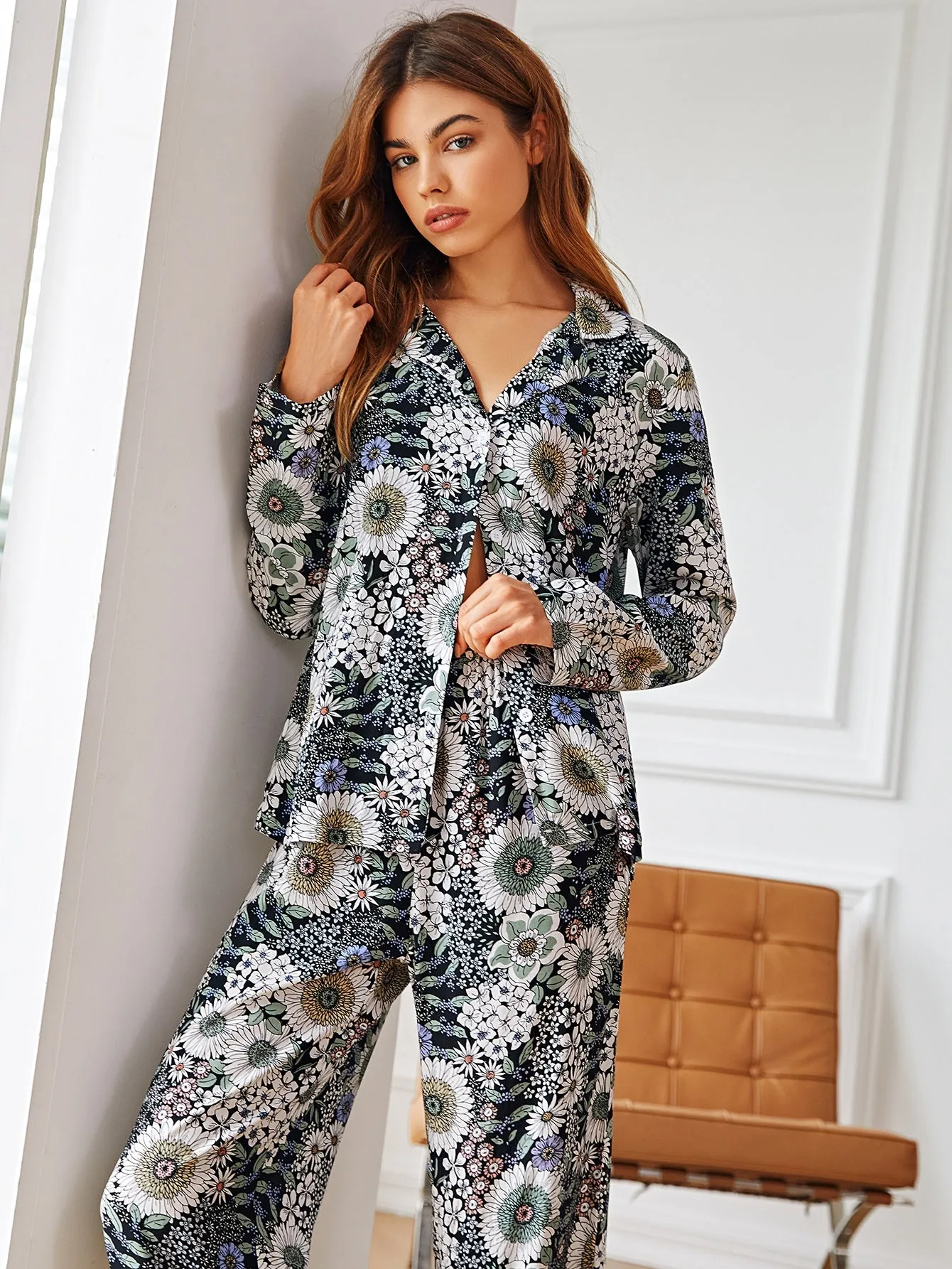 Casual Floral Button Front Long Sleeve Lapel Women Pajama Sets