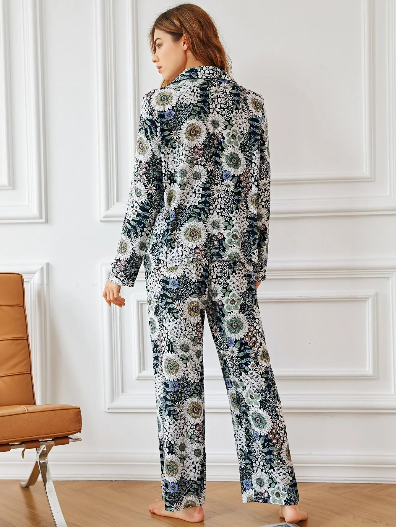 Casual Floral Button Front Long Sleeve Lapel Women Pajama Sets