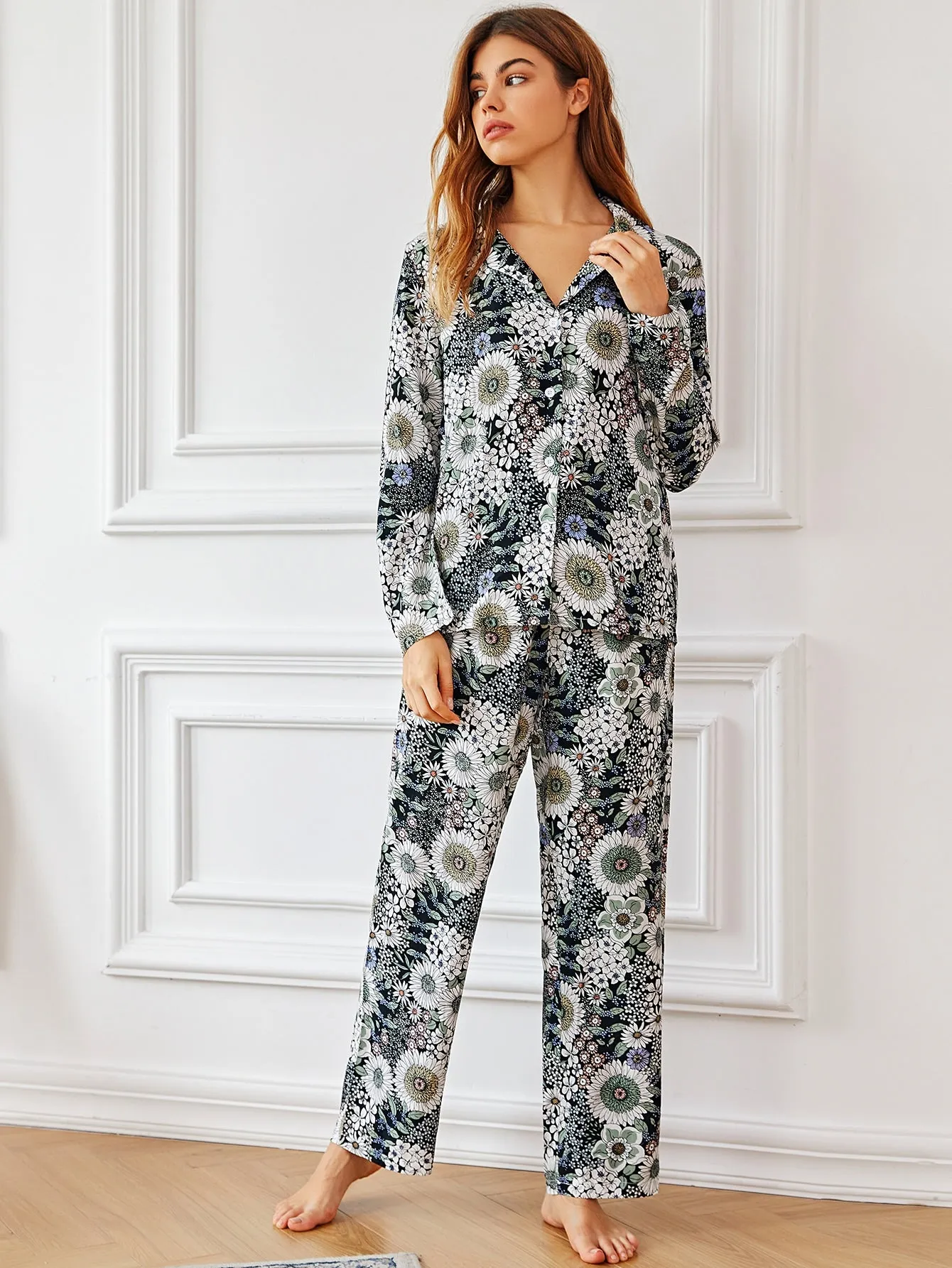 Casual Floral Button Front Long Sleeve Lapel Women Pajama Sets