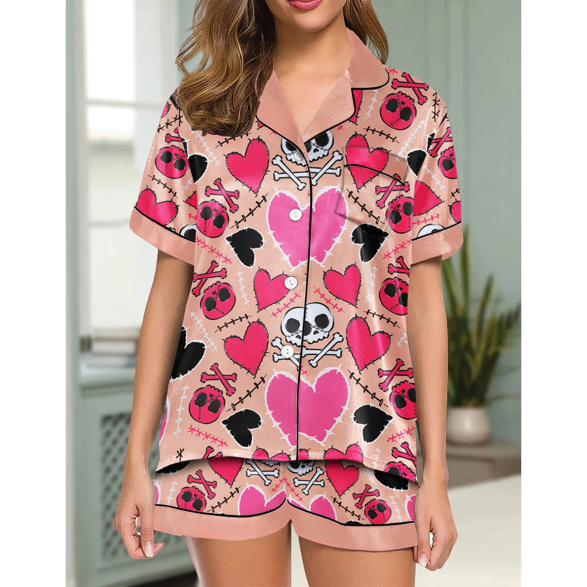 Cross Skull Heart Women's Pajama Sets Top Sleeve & Short Bottom