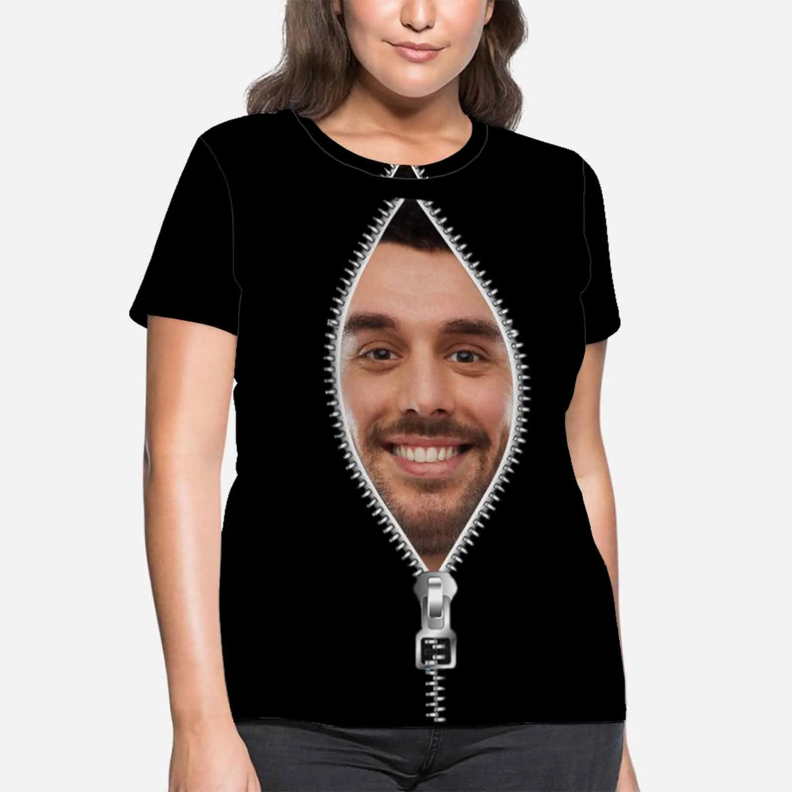 Custom Boyfriend Face Tee Black Zipper Personalized Women's All Over Print T-shirt My Face on A Shirt Gift for Her