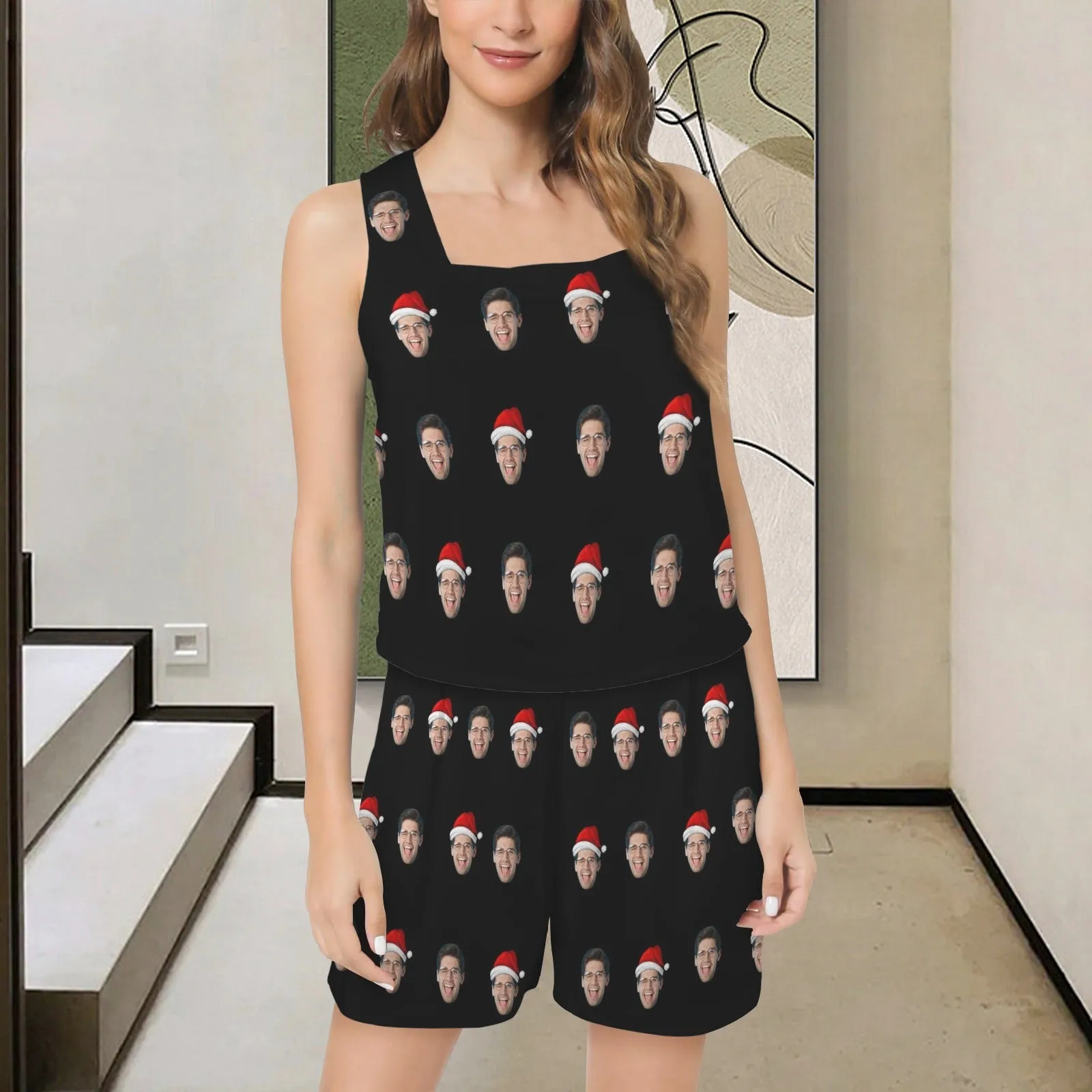 Custom Face Christmas Hat Womens 2 Piece Pajama Set Sleeveless Square Neck Pocket Loungewear