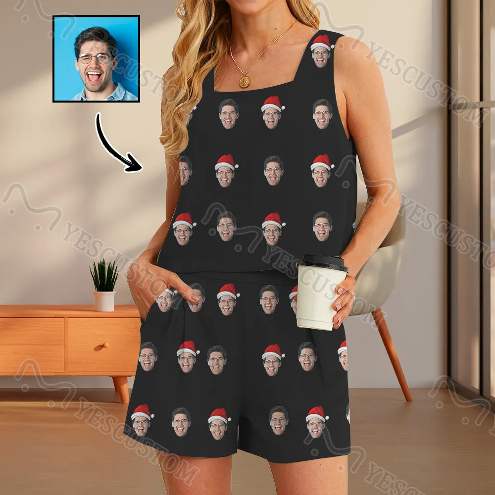 Custom Face Christmas Hat Womens 2 Piece Pajama Set Sleeveless Square Neck Pocket Loungewear