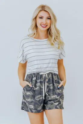 Days Gone By Striped Romper In Grey