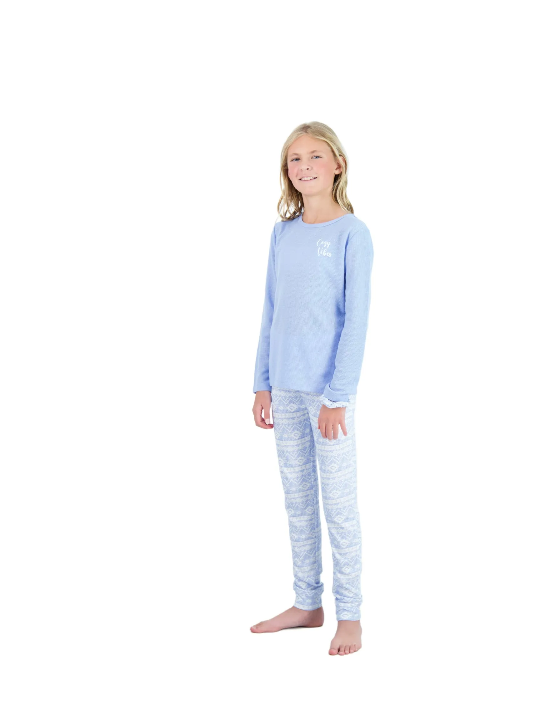 Girls 2-Piece Hacci Pajama Set- Cozy Vibes, Blue Pajama Set for Girls with Matching Scrunchie