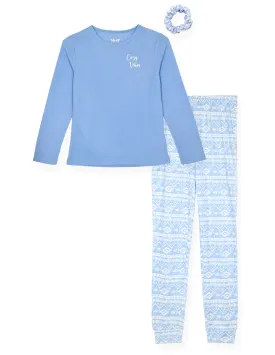 Girls 2-Piece Hacci Pajama Set- Cozy Vibes, Blue Pajama Set for Girls with Matching Scrunchie