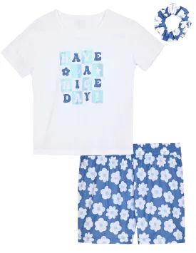 Girls 2-Piece Short-Sleeve Jersey Pajama Shorts Set with Matching Hair Scrunchie- Have a Nice Day.