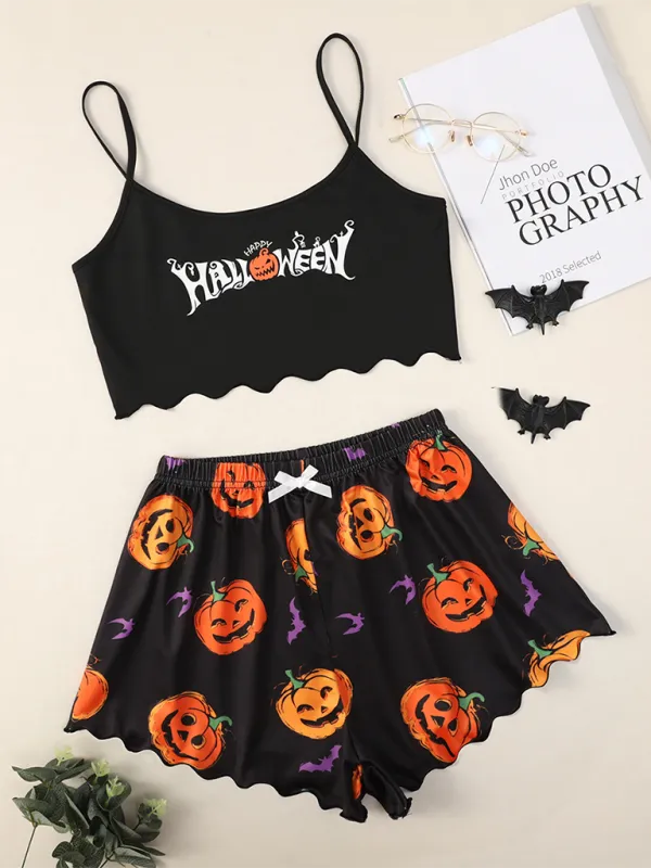 Halloween Pumpkin Print Sleeveless Camisole Top Shorts Homewear Pajama Set