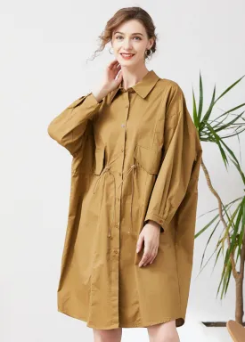 Khaki Cotton Loose Trench Peter Pan Collar Drawstring Spring LY0330