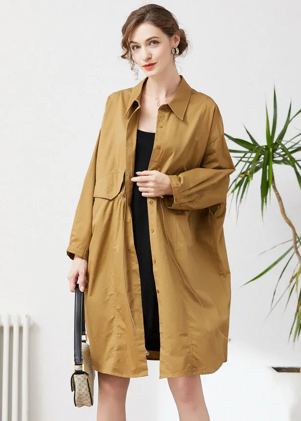 Khaki Cotton Loose Trench Peter Pan Collar Drawstring Spring LY0330