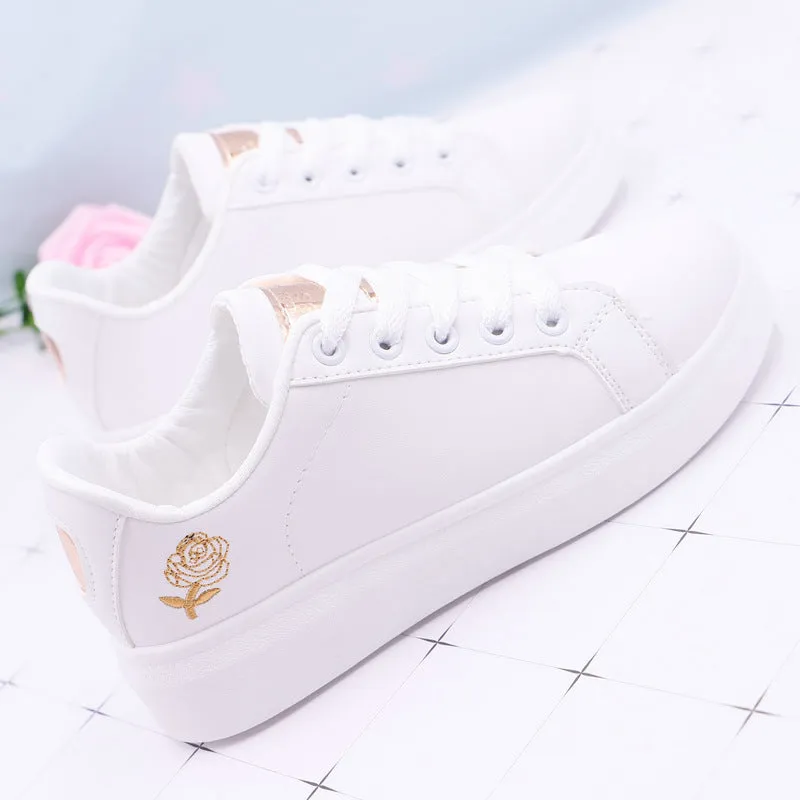 Korean Style Rose Embroidered Flat Bottom Sneakers