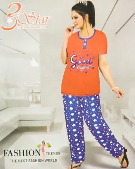 Ladies Nightdress & Pajama Sets with T-shirt by 3 Star - Orange & Blue