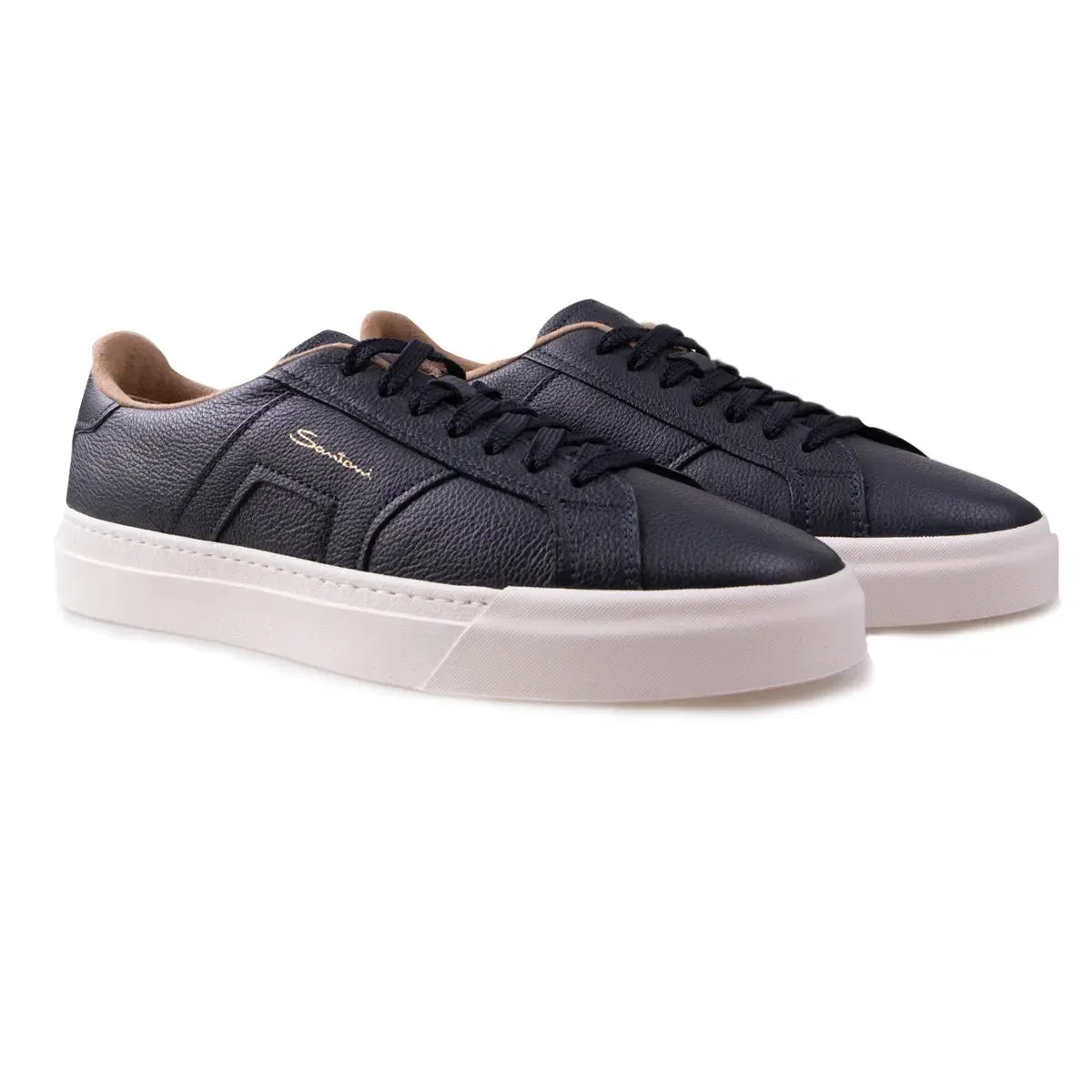 Navy Double Buckle Tumbled Leather Sneaker