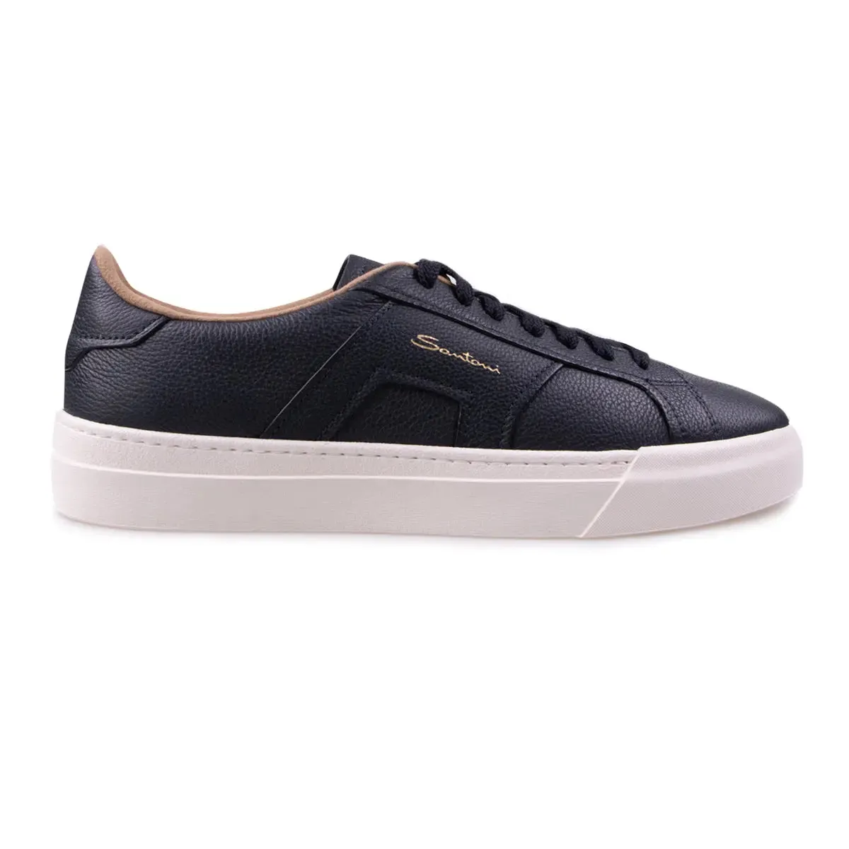 Navy Double Buckle Tumbled Leather Sneaker