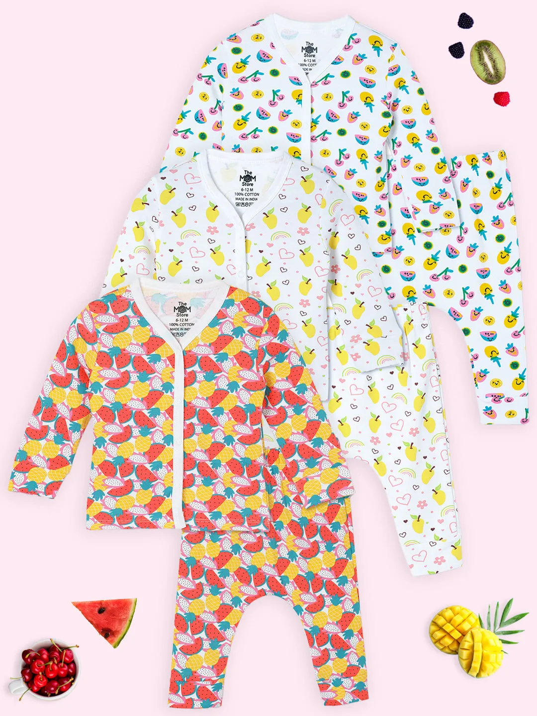 Newborn and Infant Pajama Set Combo of 3: Berry Bites-Fruitilicious-Mango Mia