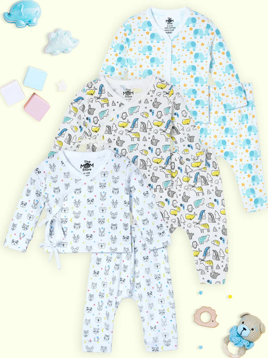 Newborn and Infant Pajama Set Combo of 3: Sleep Munchkins-Animal Party-Elephantastic