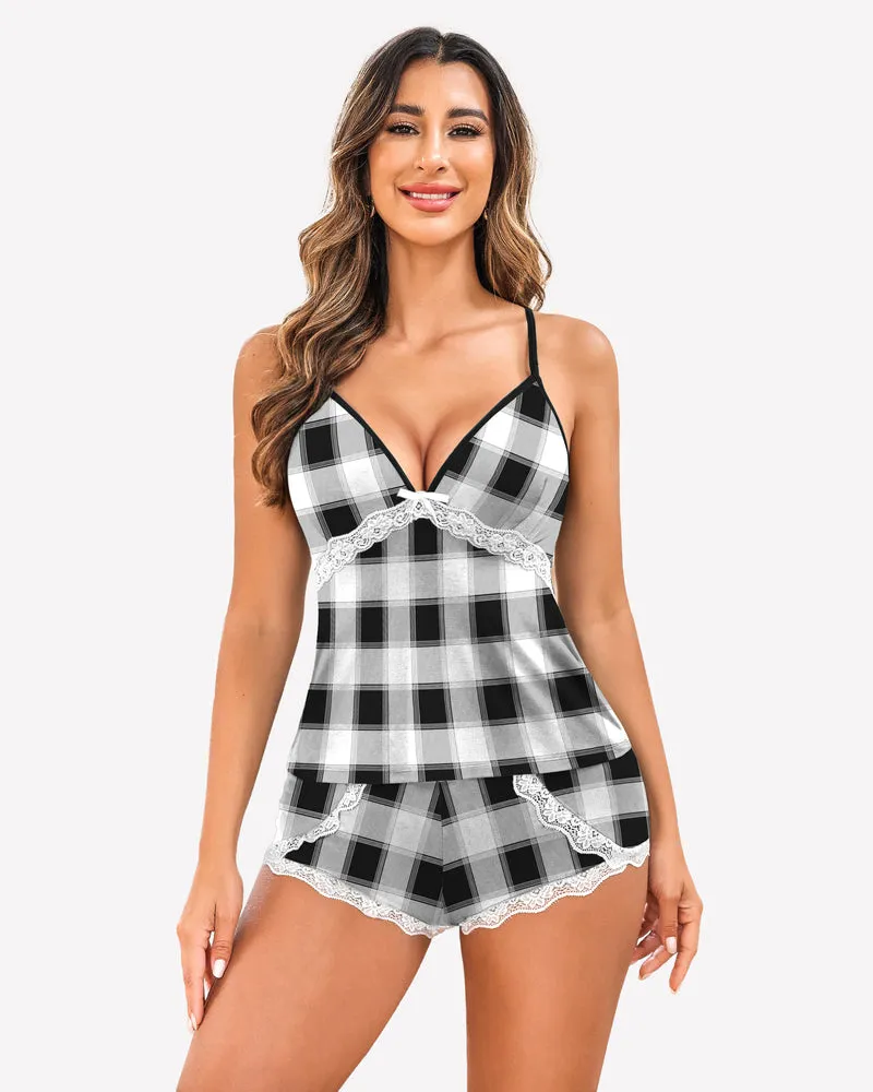 Plaid Pajamas Lace Trim Short Pjs Sets