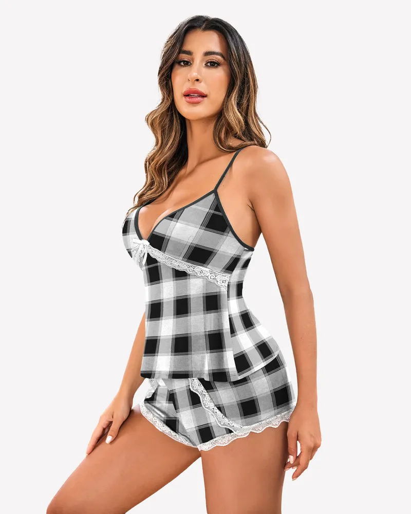 Plaid Pajamas Lace Trim Short Pjs Sets