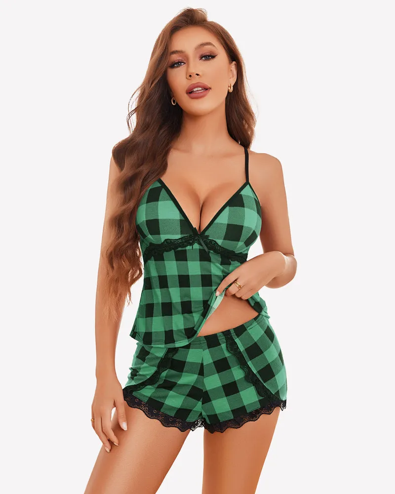 Plaid Pajamas Lace Trim Short Pjs Sets