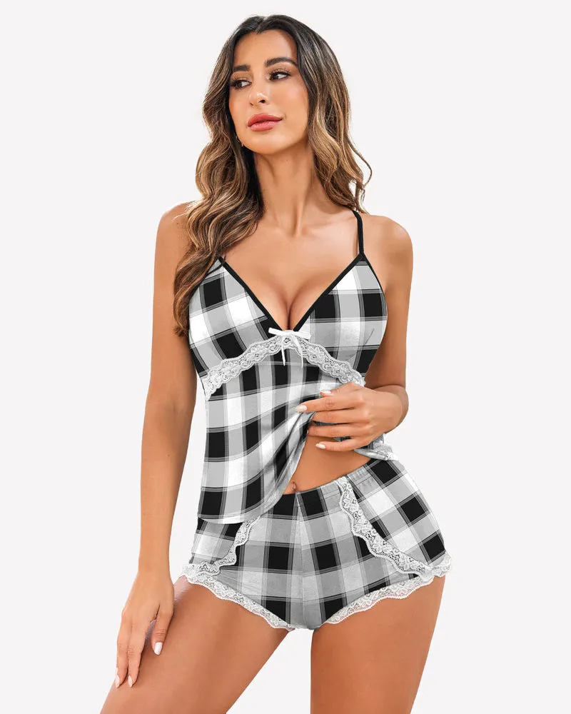 Plaid Pajamas Lace Trim Short Pjs Sets