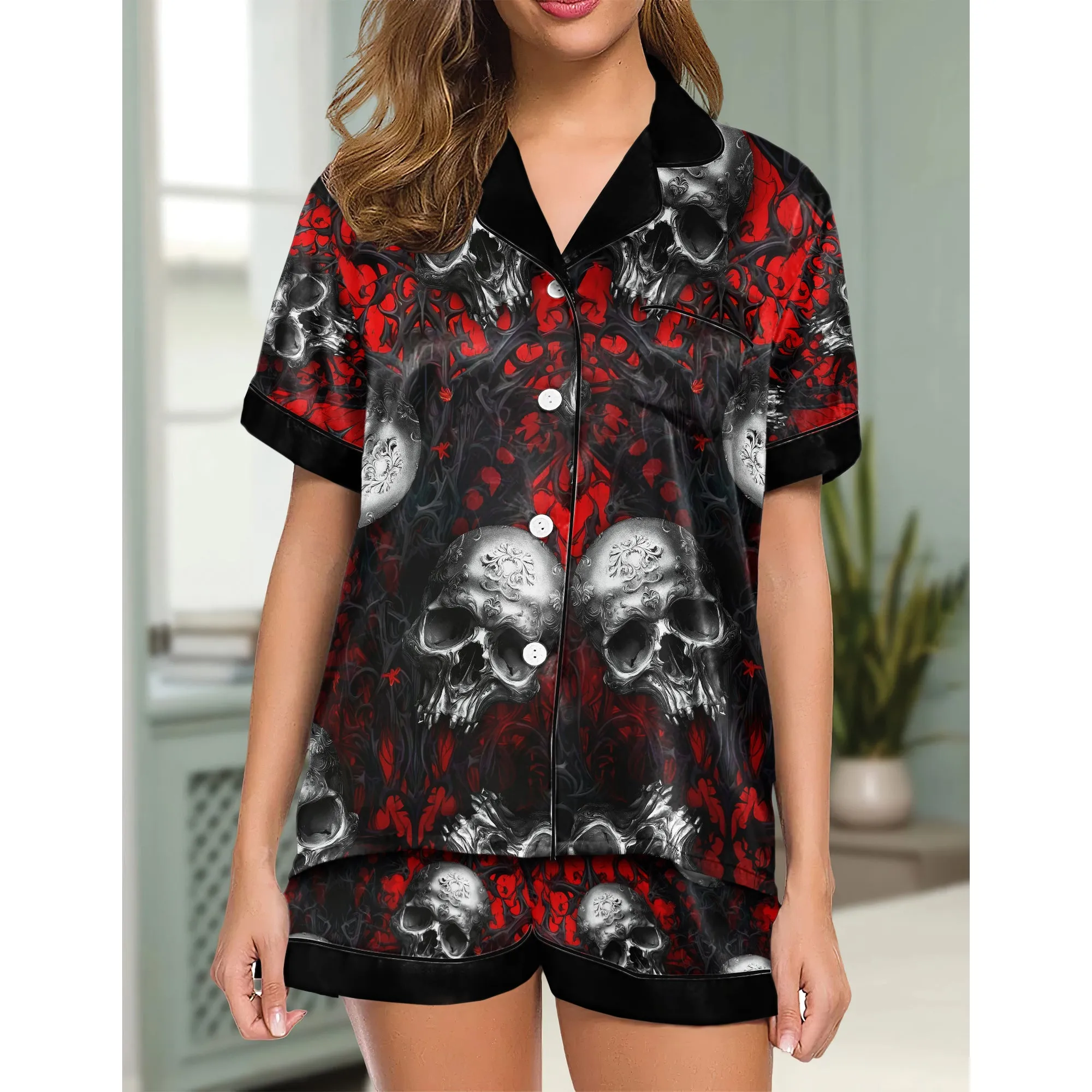 Red Dark Skull Women's Pajama Sets Top Sleeve & Short Bottom