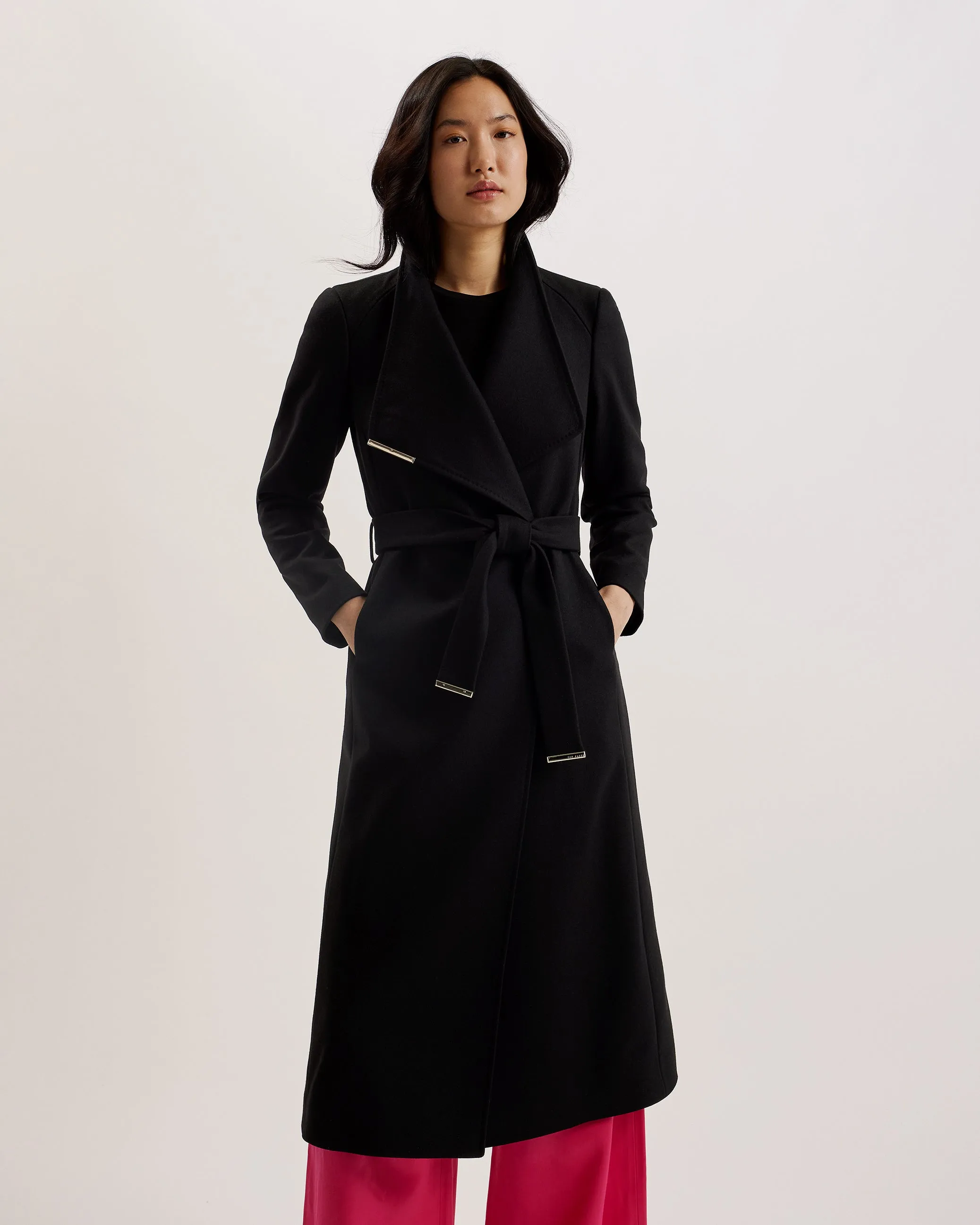 Rosell Long Length Wool Wrap Coat Black