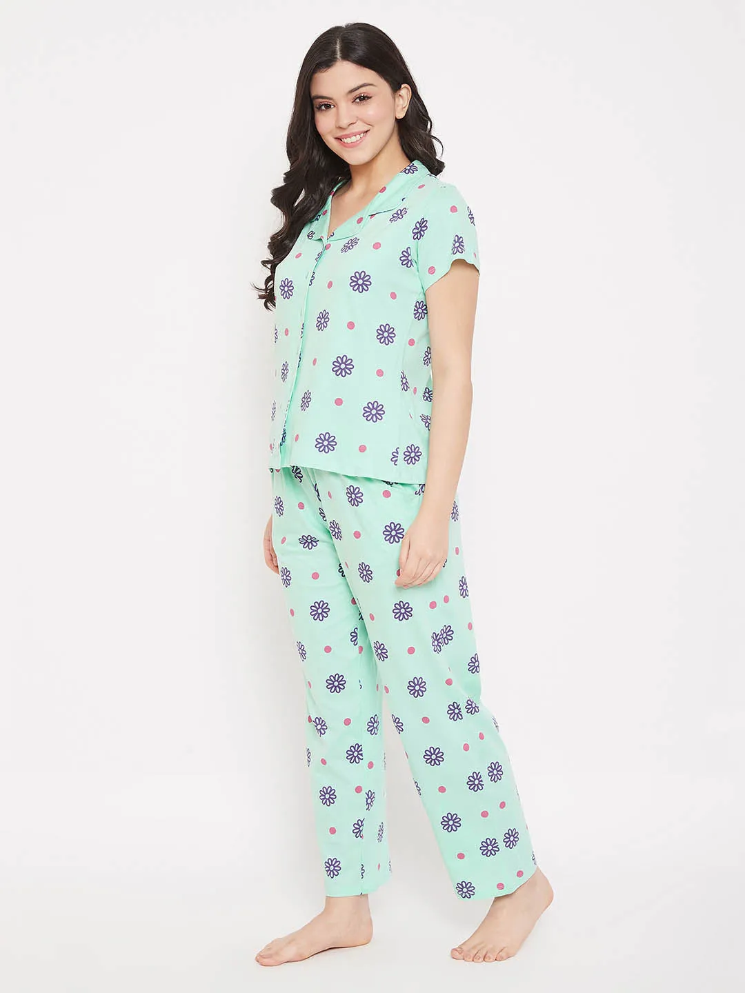 Sea Green Florals Button Me Up Shirt & Pyjama