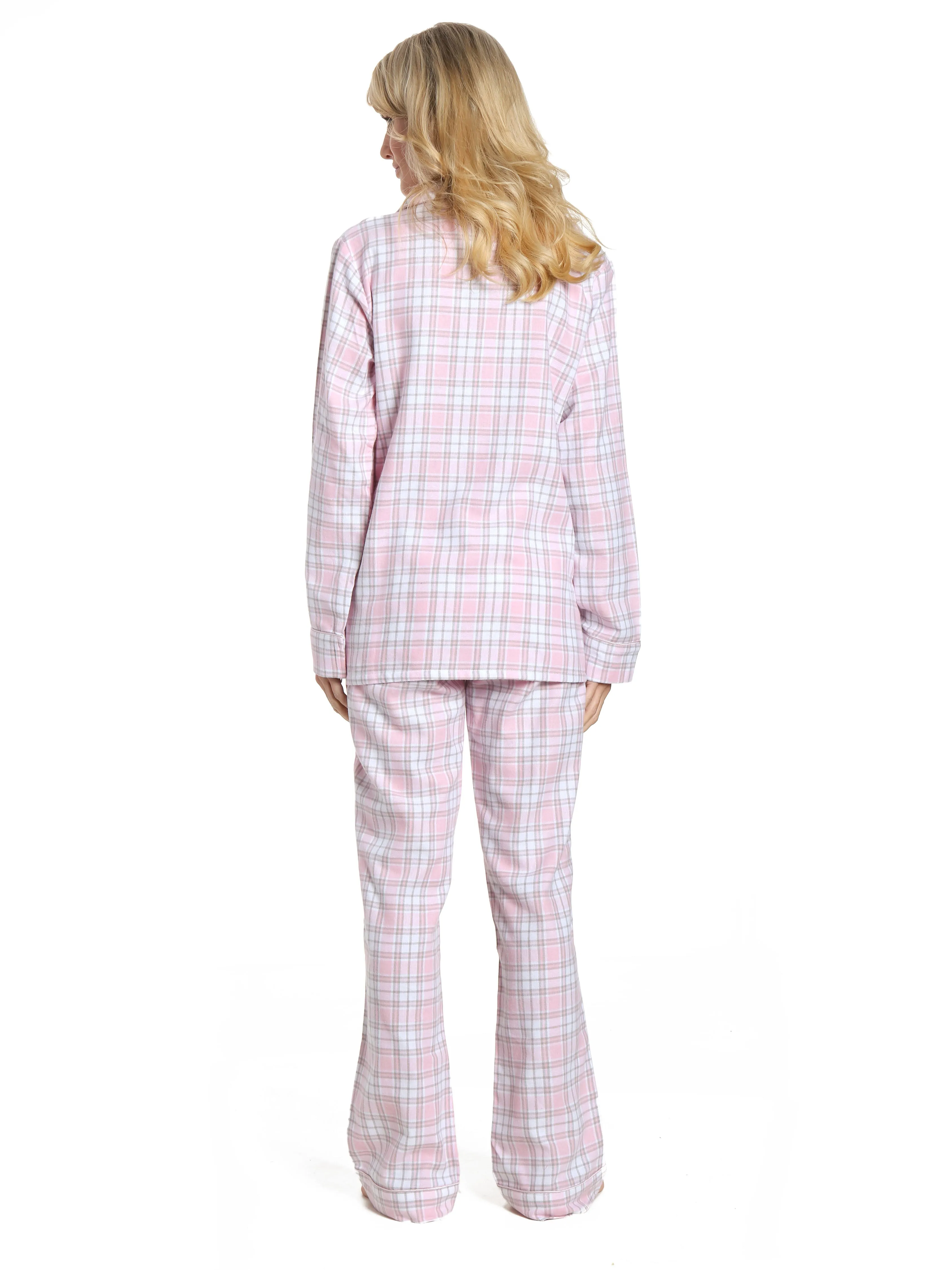 Womens 100% Cotton Lightweight Flannel Pajama Sleepwear Set - Plaid White-Pink