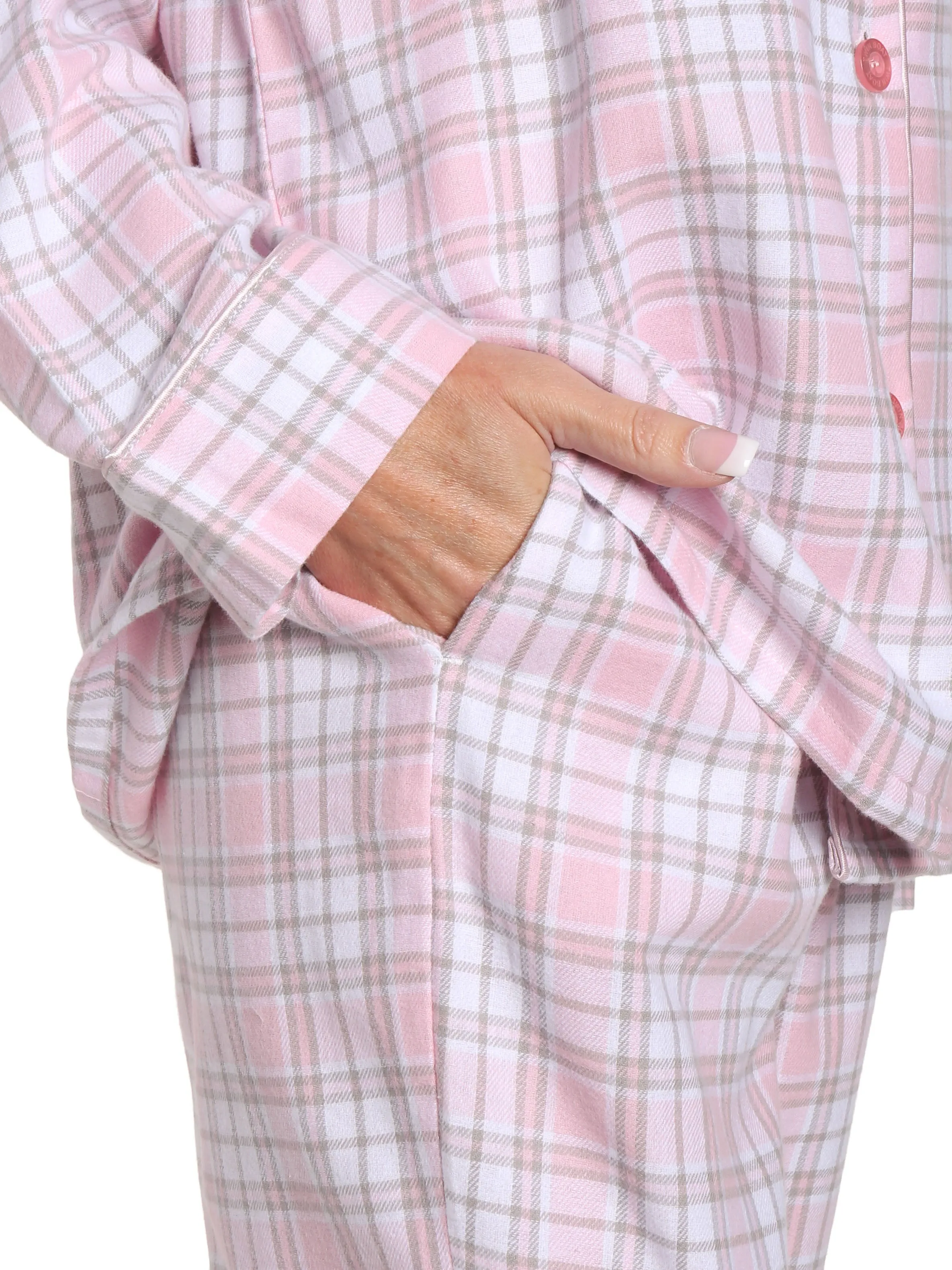 Womens 100% Cotton Lightweight Flannel Pajama Sleepwear Set - Plaid White-Pink