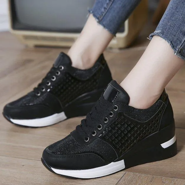 Women's casual wedge sneakers hollow sequined running shoes