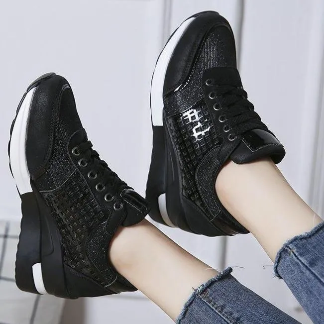 Women's casual wedge sneakers hollow sequined running shoes