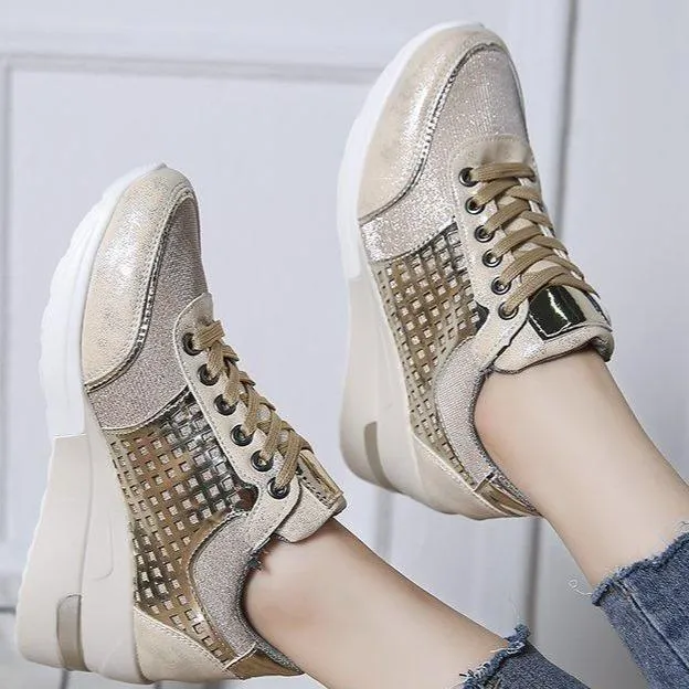 Women's casual wedge sneakers hollow sequined running shoes