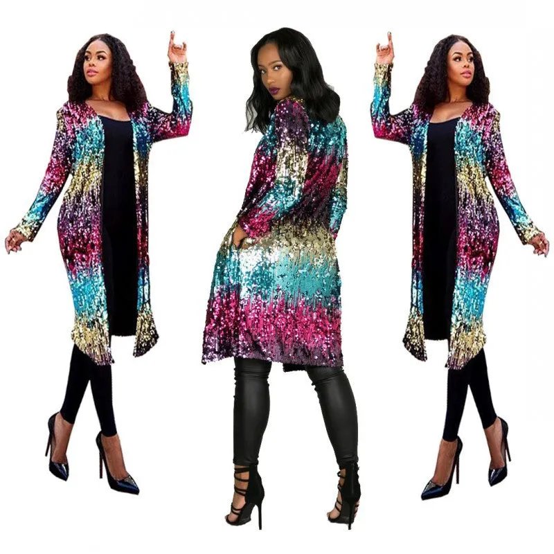 Women's Colorful Sequined Mid-length Trench Urban Casual Coats