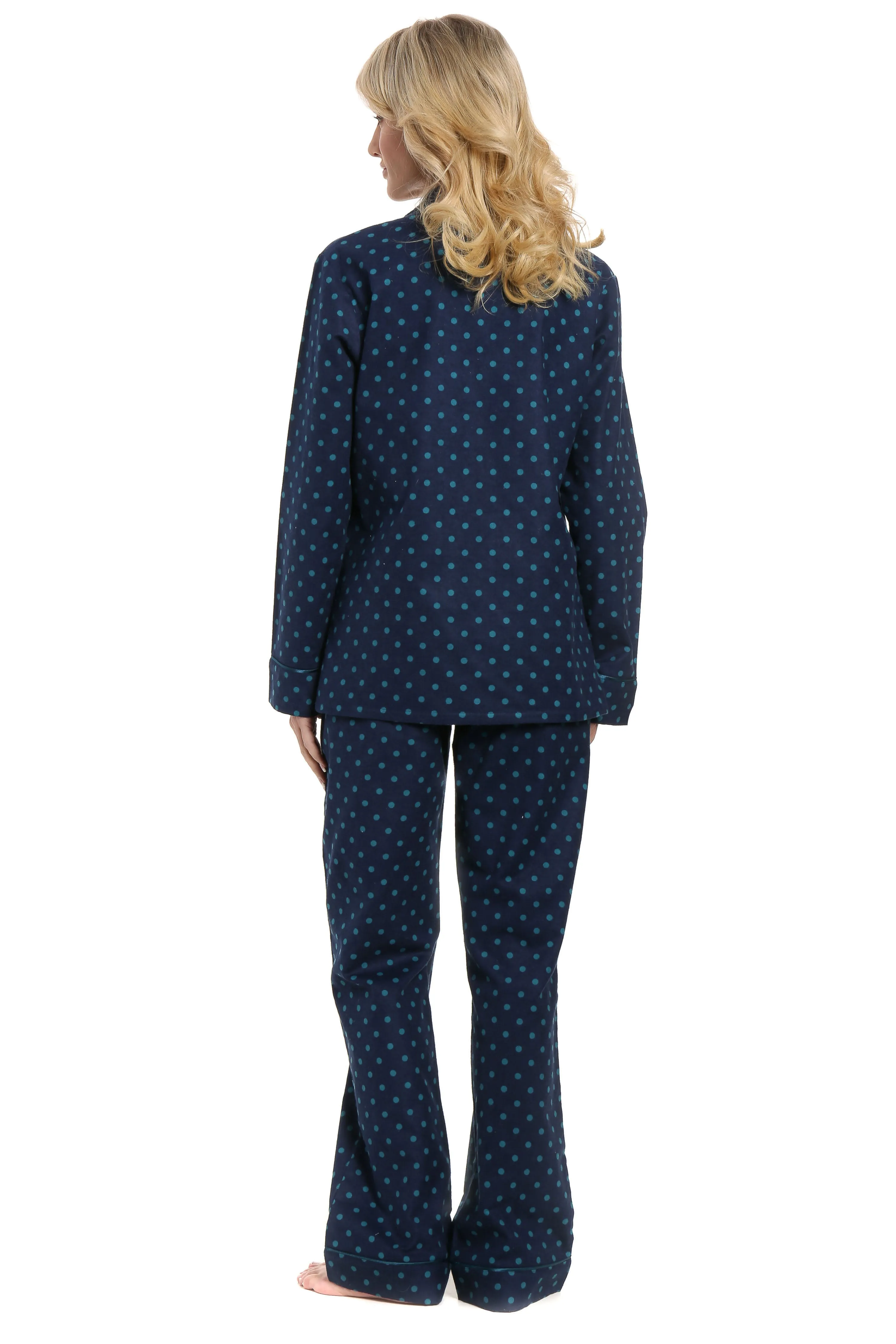 Womens Premium 100% Cotton Flannel Pajama Sleepwear Set - Dots Diva Blue