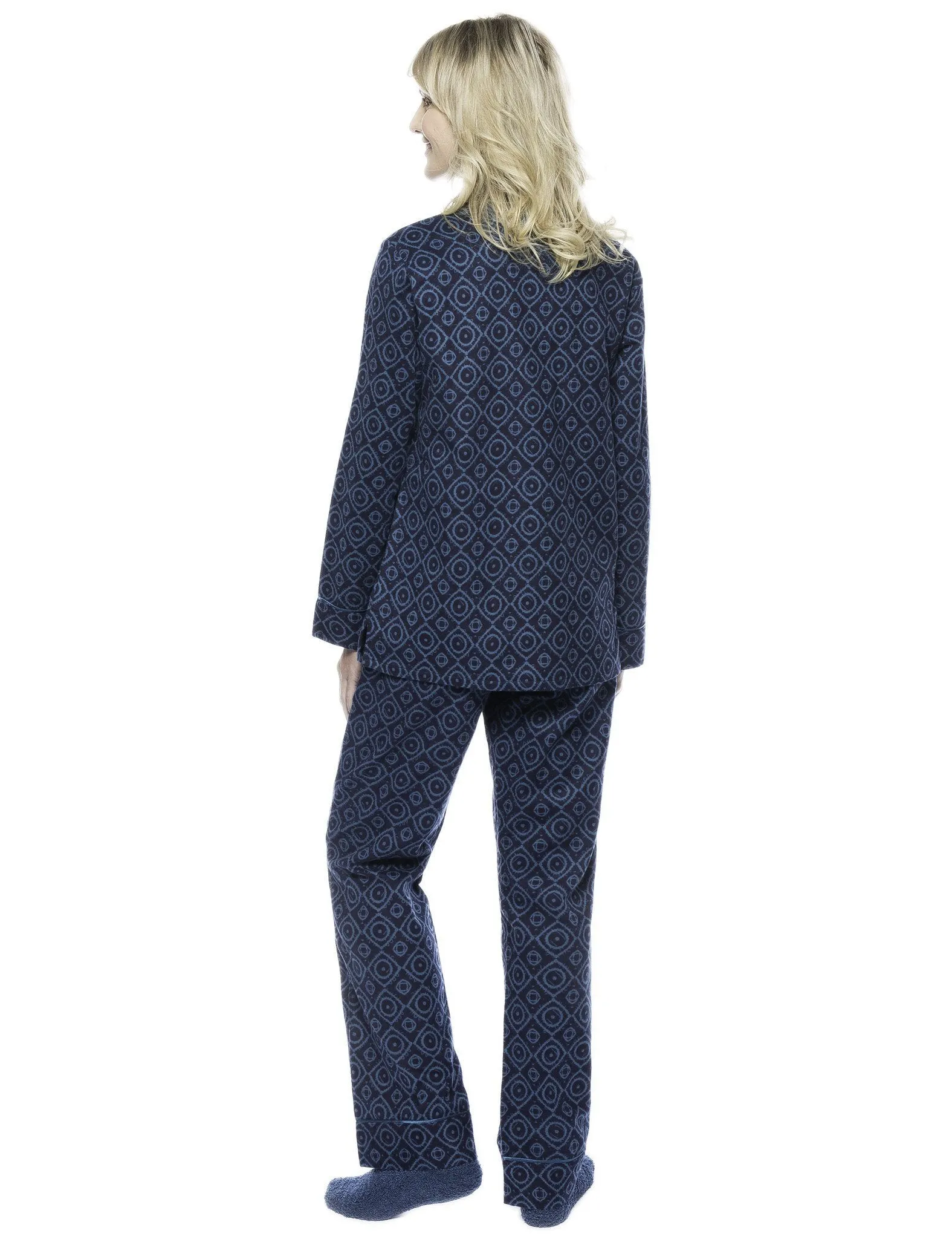 Womens Premium Cotton Flannel Pajama Sleepwear Set - Moroccan Navy/Teal